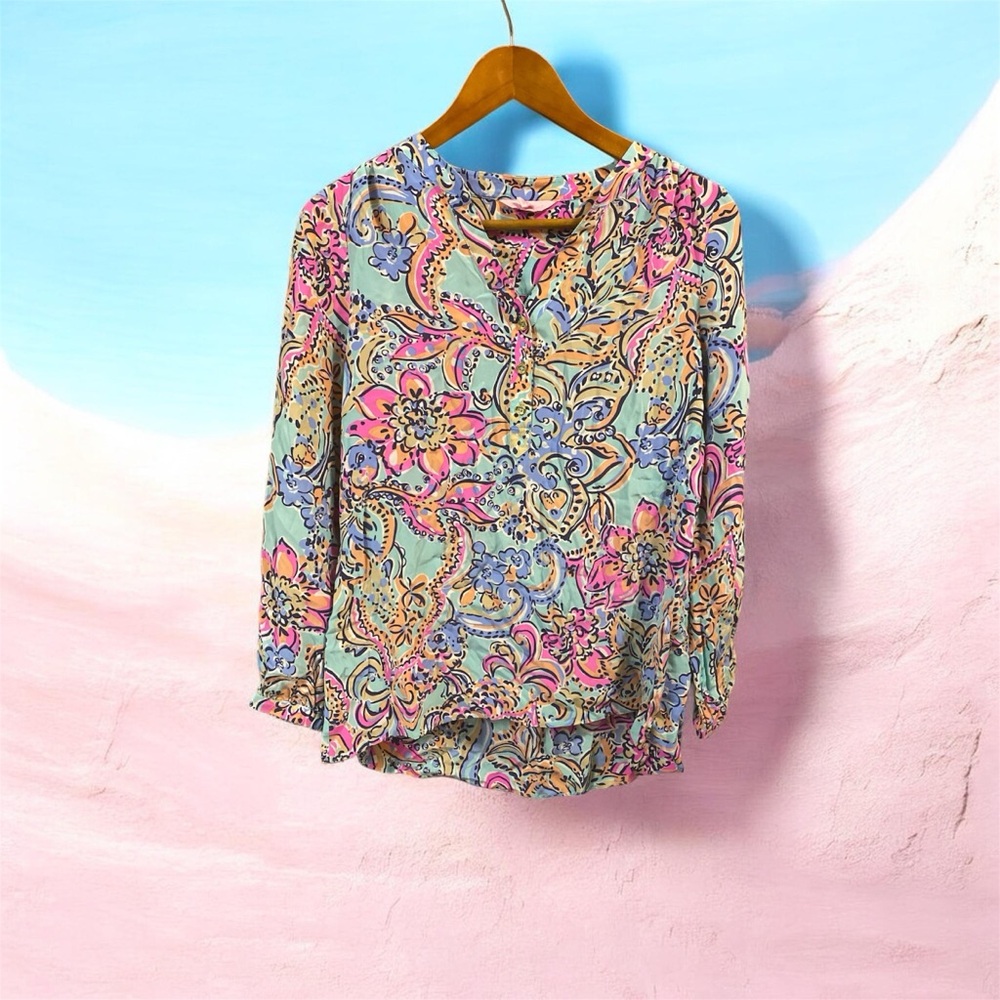 Floral Paisley Scoop Neck Blouse - Pink Blue Lily p